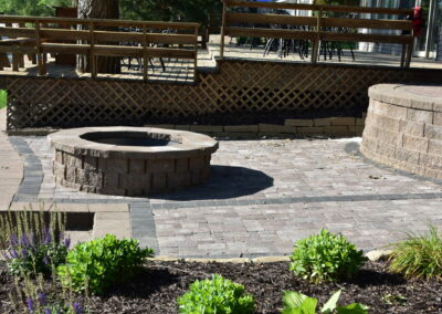 paver patio with fire pit and retaining wall